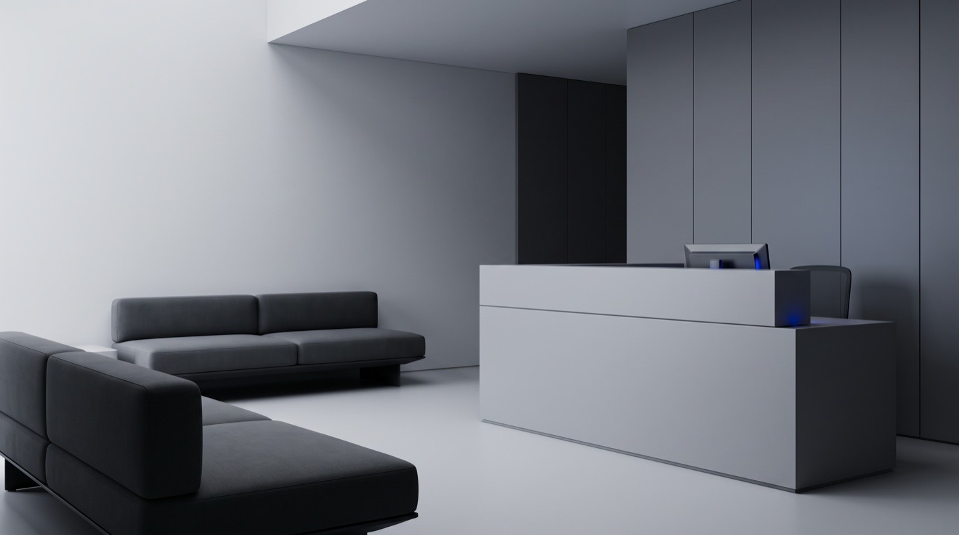 Sala de espera da clínica, com sofás em primeiro plano e a recepção ao fundo